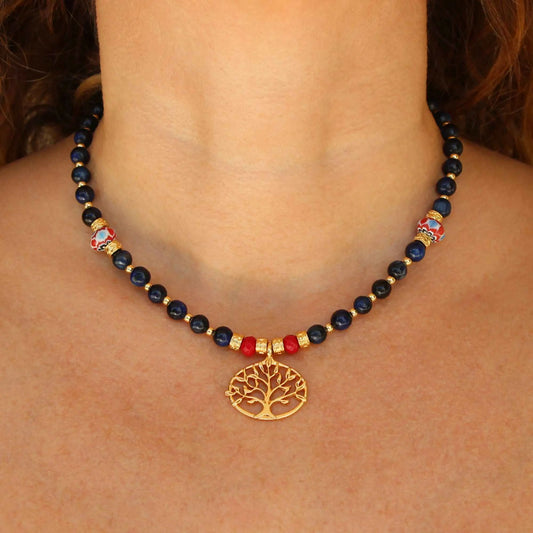 Blue Beaded Tree of Life Necklace
