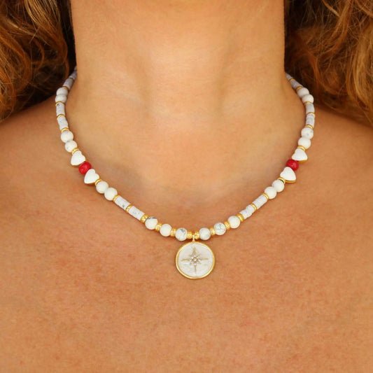 North Star Pendant Beaded White Necklace