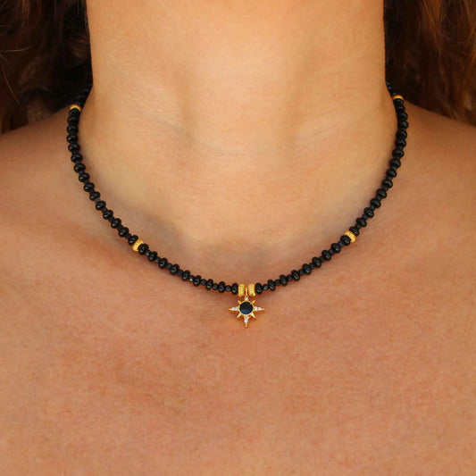 North Star Pendant Black Beaded Necklace